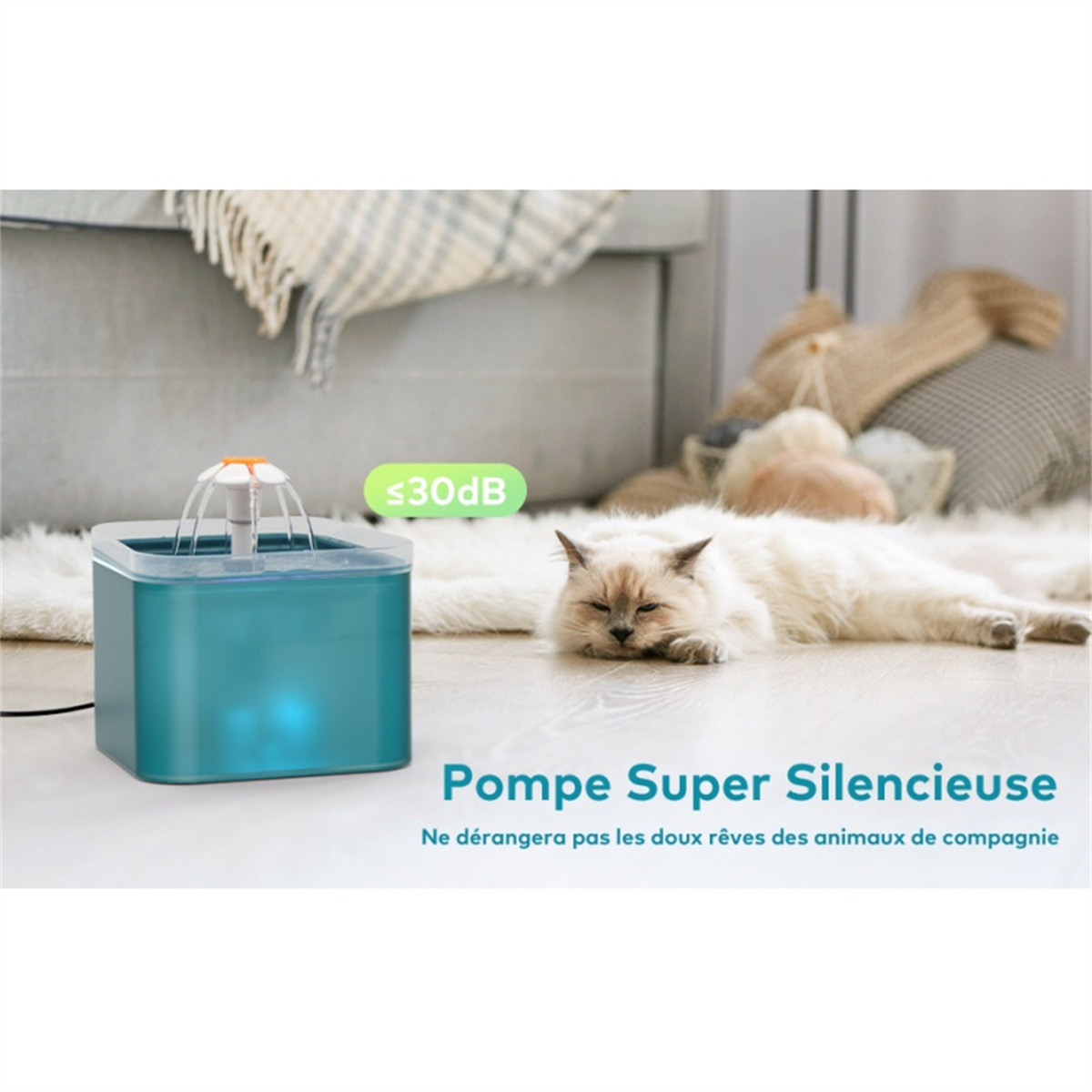 Ein blauer Wasserbrunnen mit einer Katze, die sich hinlegt und Text, auf einer weißen Oberfläche.