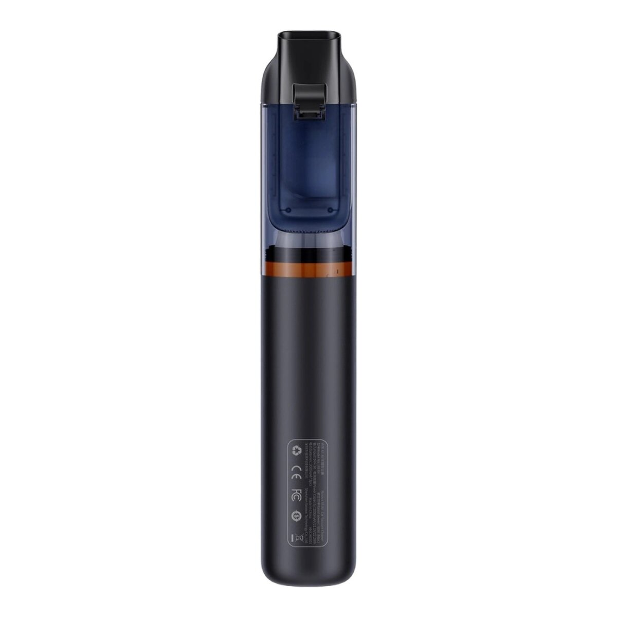 A black vape pen is displayed vertically. It has a clear top and a black body with CE, FC marks.