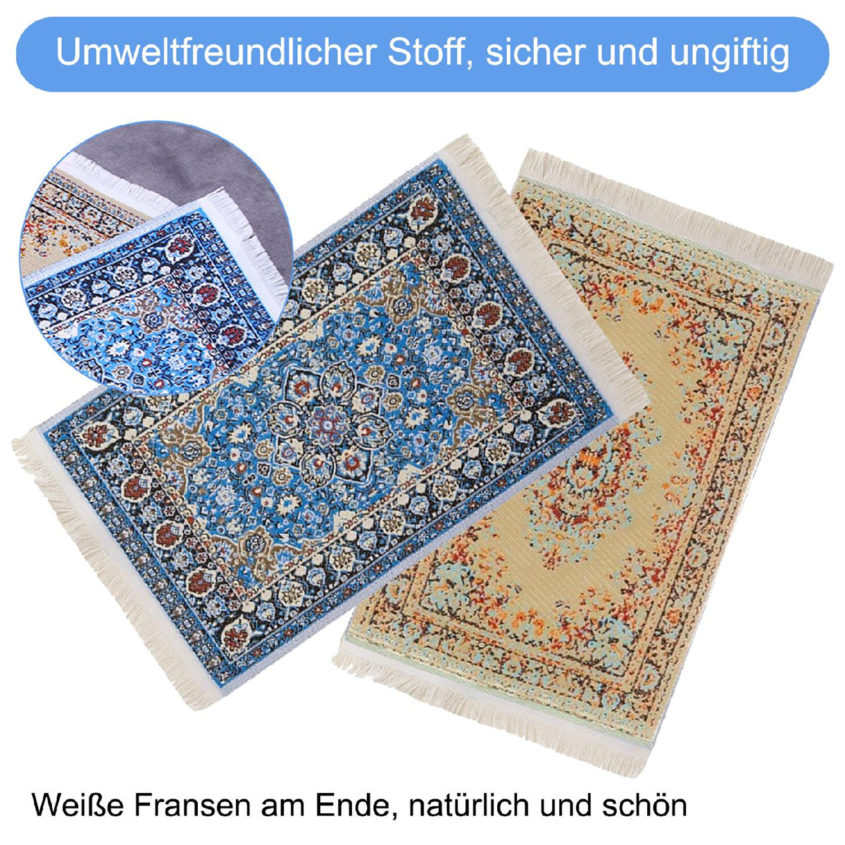 Drei kleine Teppiche mit Mustern. Einer blau, einer beige und ein blauer Einsatz. Weiße Fransen an den Rändern.