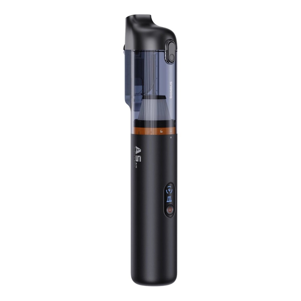 Black and gray Baseus car vacuum cleaner, side view, on a white background.