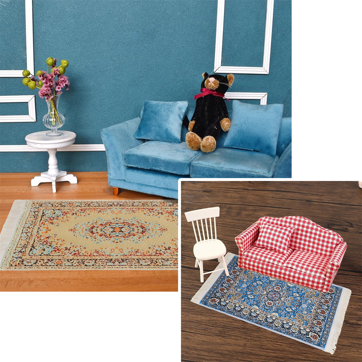 Miniatur-Teppiche und Möbel, darunter ein Sofa, ein Stuhl und ein Bär-Spielzeug auf Holz.