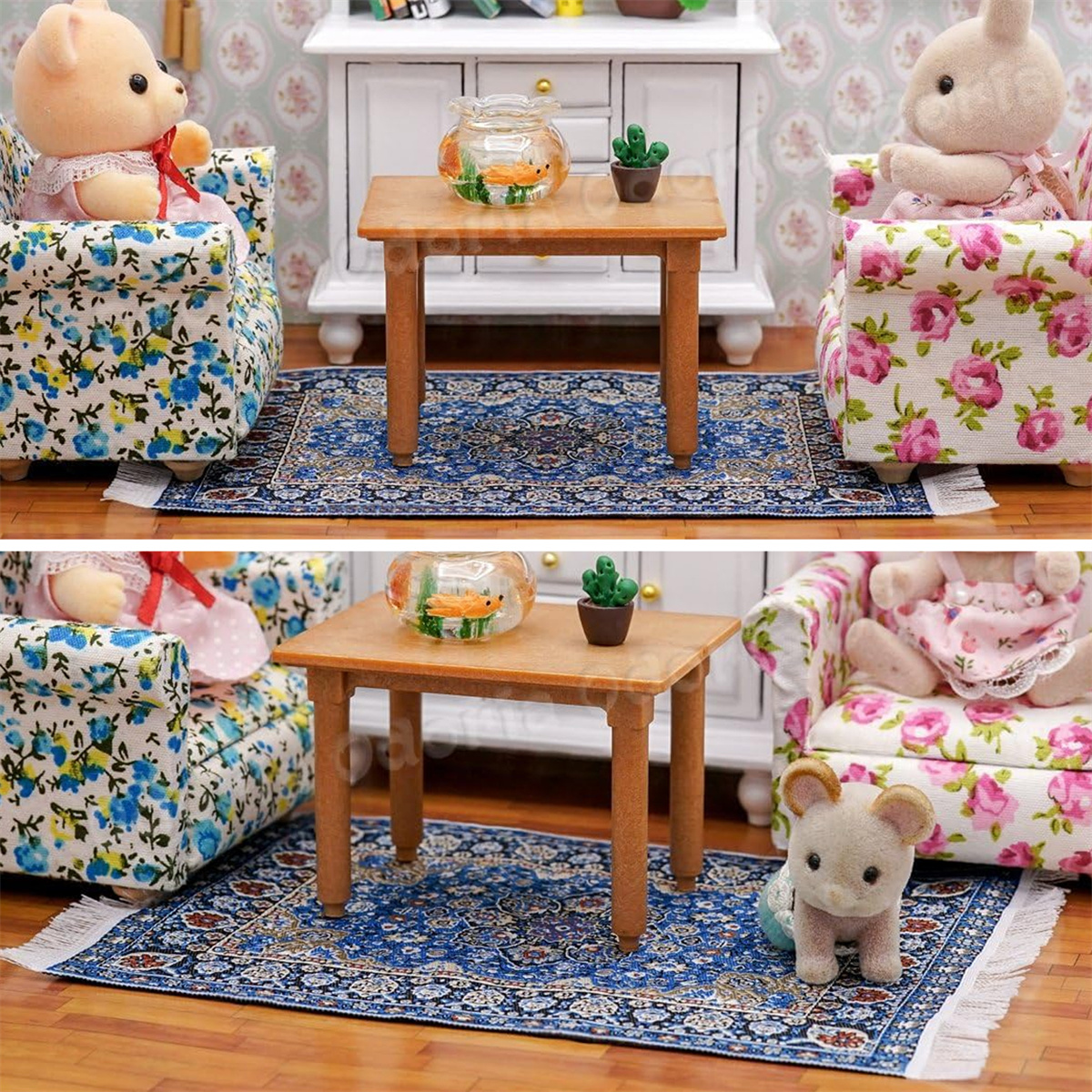 Zwei Puppenhaus-Szenen. Jede zeigt einen Tisch mit einem Goldfischglas, einem Teppich, zwei Stühlen und einem Spielzeugtier.