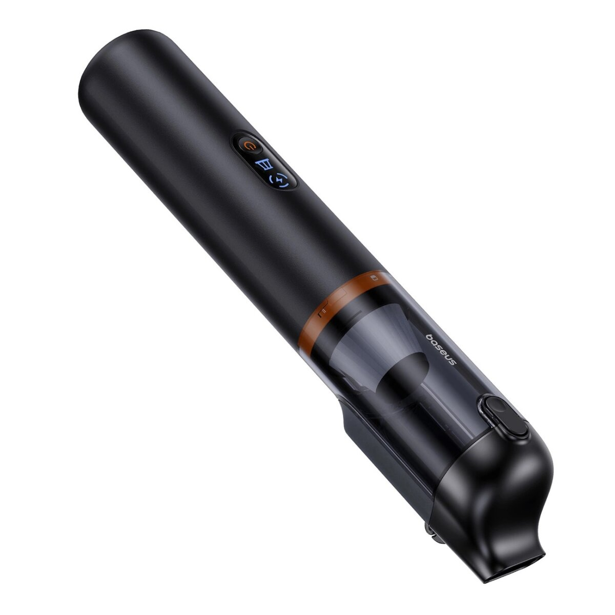 Black handheld vacuum cleaner, cylindrical shape, with power button and baseus brand name.
