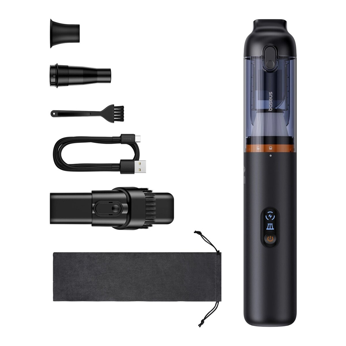 Black vacuum cleaner with several attachments, and a black carrying case. White background.