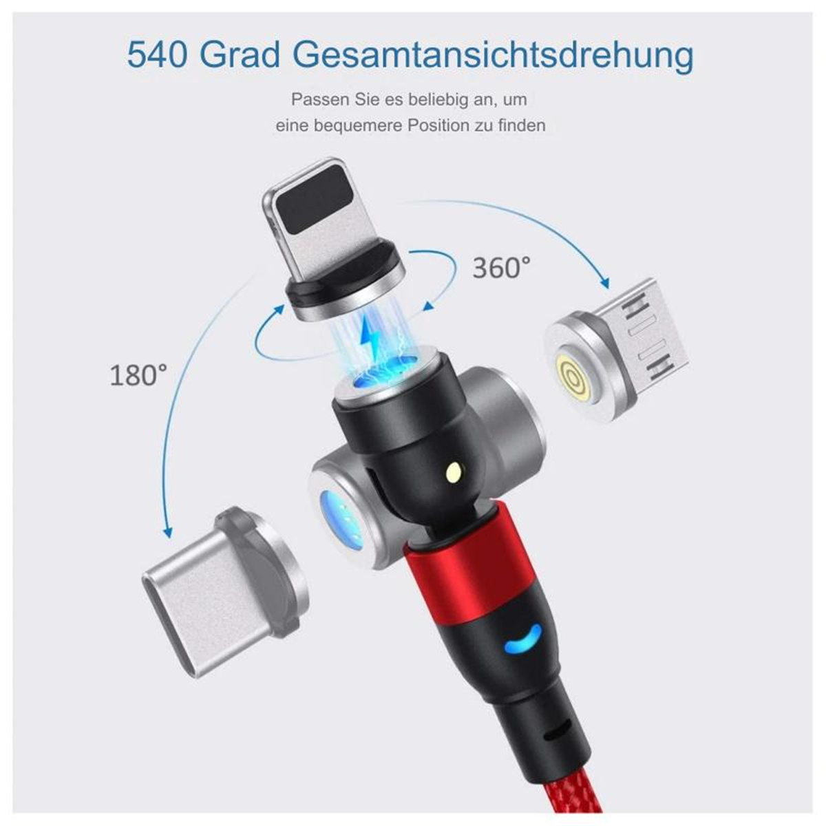 Bild eines Ladekabels mit mehreren Anschlussoptionen, mit Pfeilen, die eine Drehung um 180 und 360 Grad anzeigen.