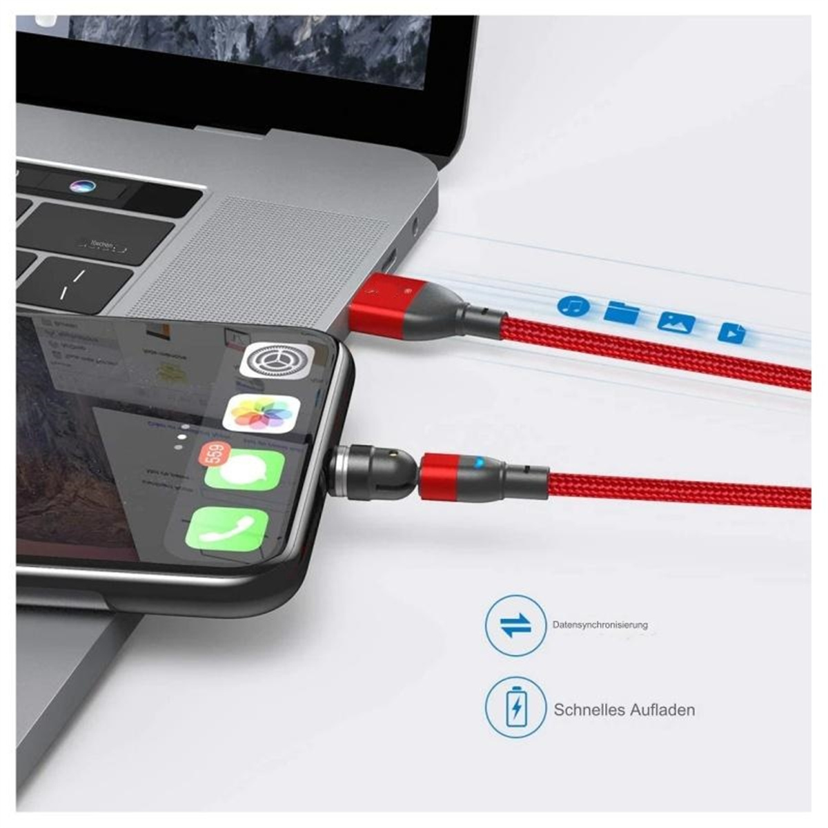 Ein Telefon wird mit einem roten Kabel aufgeladen, das mit einem Laptop verbunden ist.