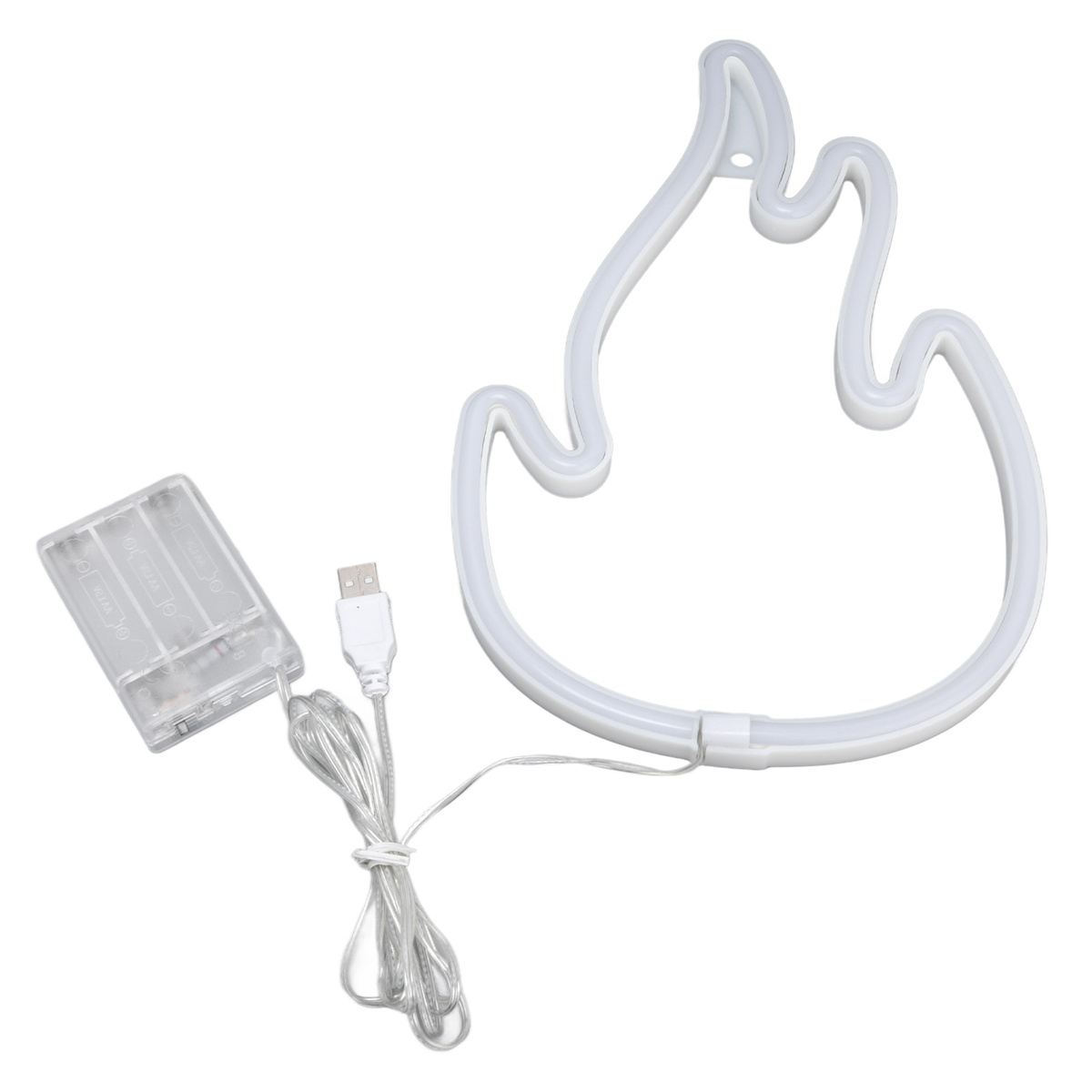 Weiße Neonflamme mit Akku und USB-Kabel.