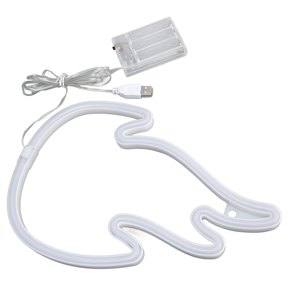 Weißes Neonlicht in Form von Engelsflügeln mit Akku und USB-Kabel auf weißer Oberfläche.
