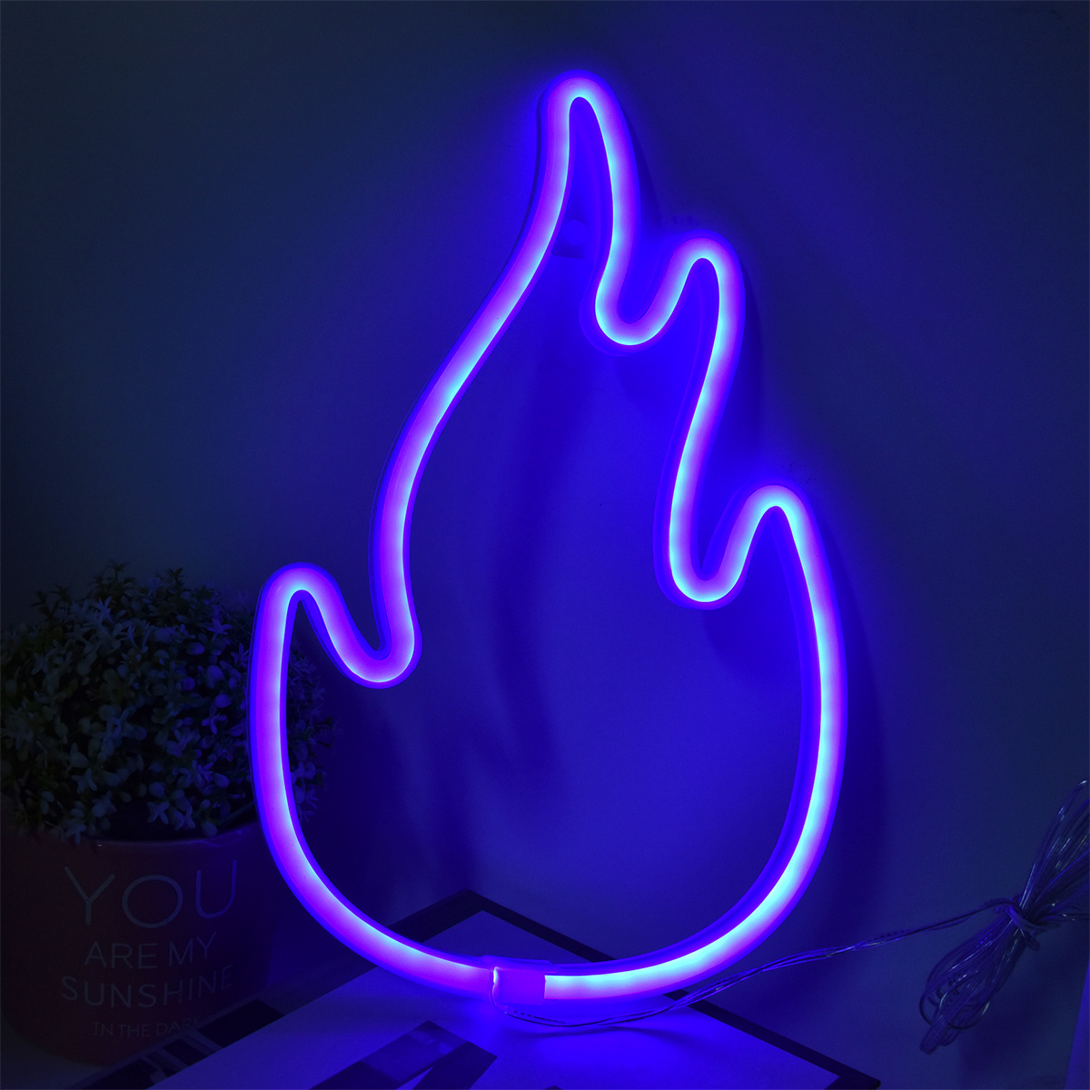 Blaues Neonflammenschild an einer dunkelblauen Wand, mit einer Pflanze darunter und einem Kabel.