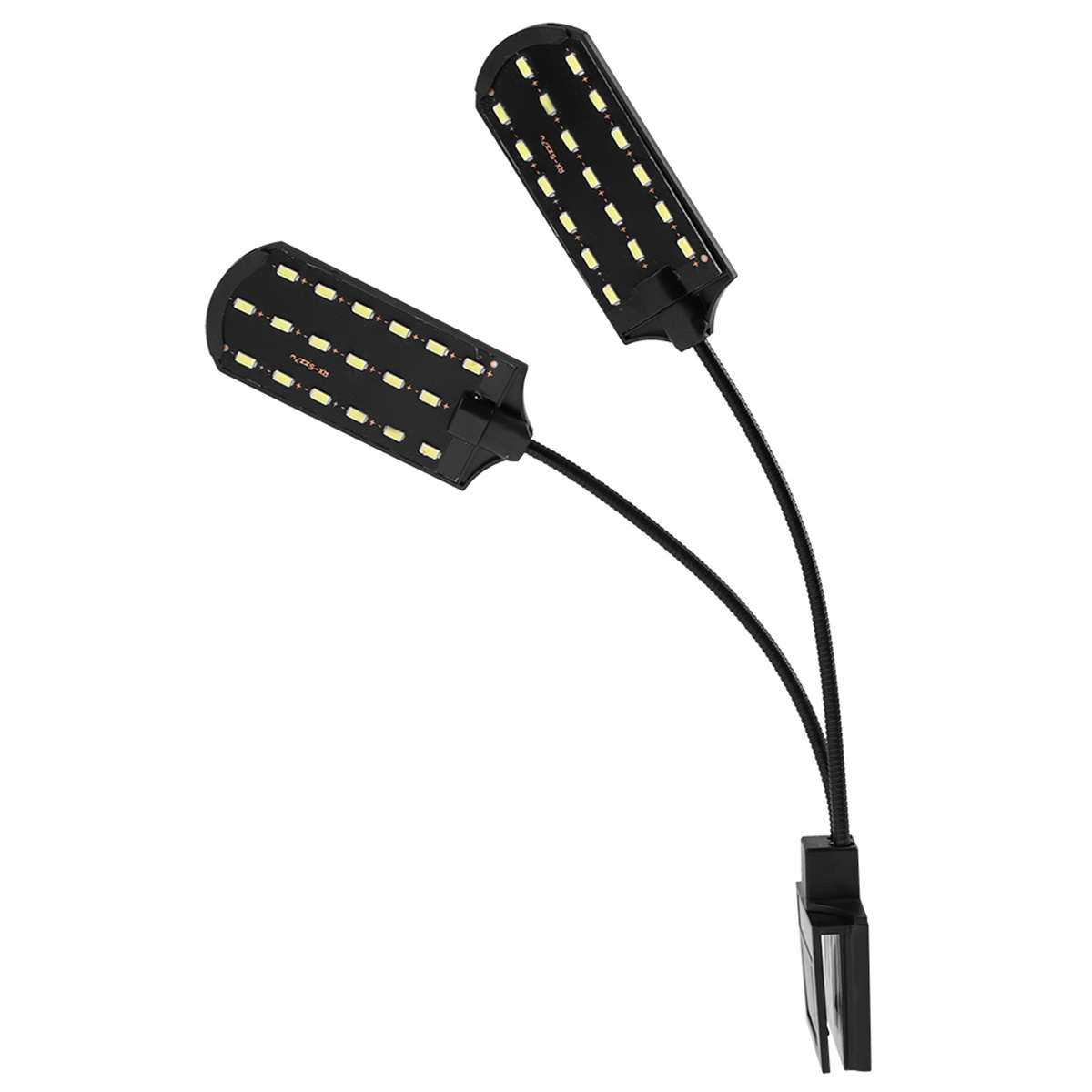 Zwei schwarze Aquarium-LED-Leuchten. Sie sind gebogen und haben mehrere kleine Lichter. Ein Clip befestigt sie am Glas.