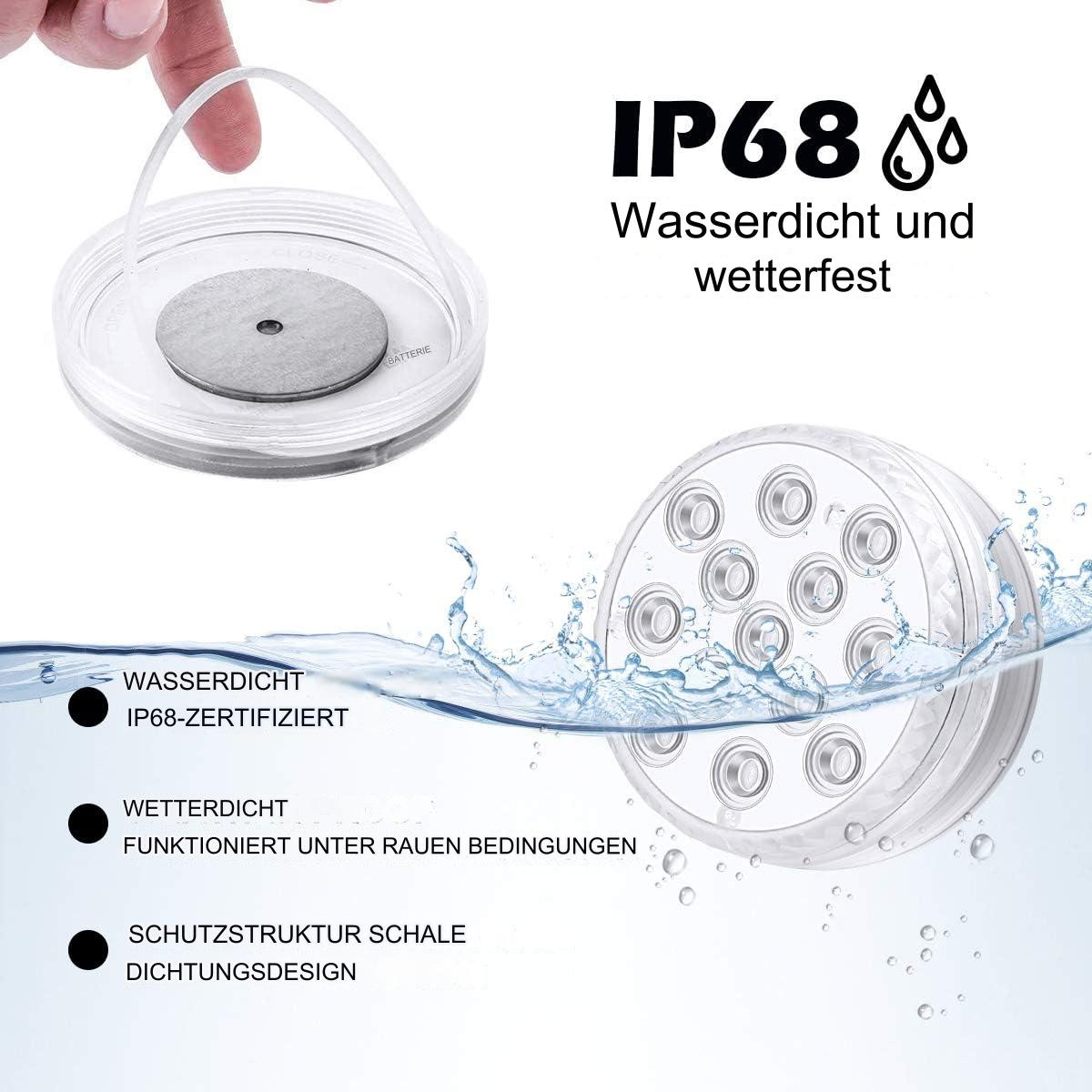 Unterwasserlichter im Wasser. Die Lichter befinden sich in einem transparenten Behälter mit Griff. IP68 wasserdicht.