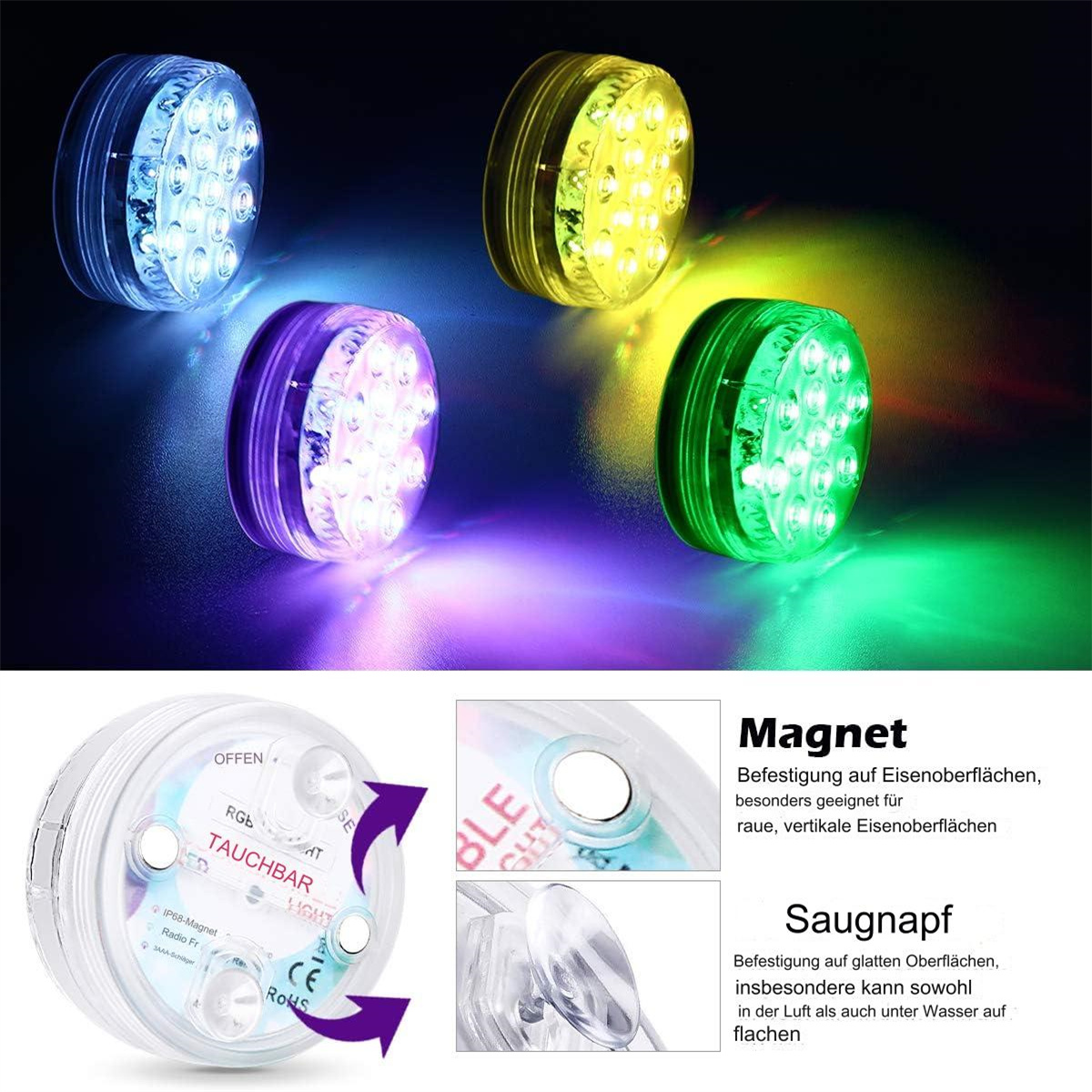 Vier bunte, versenkbare LED-Leuchten mit Details zu Magneten und Saugnäpfen für den Unterwassereinsatz.