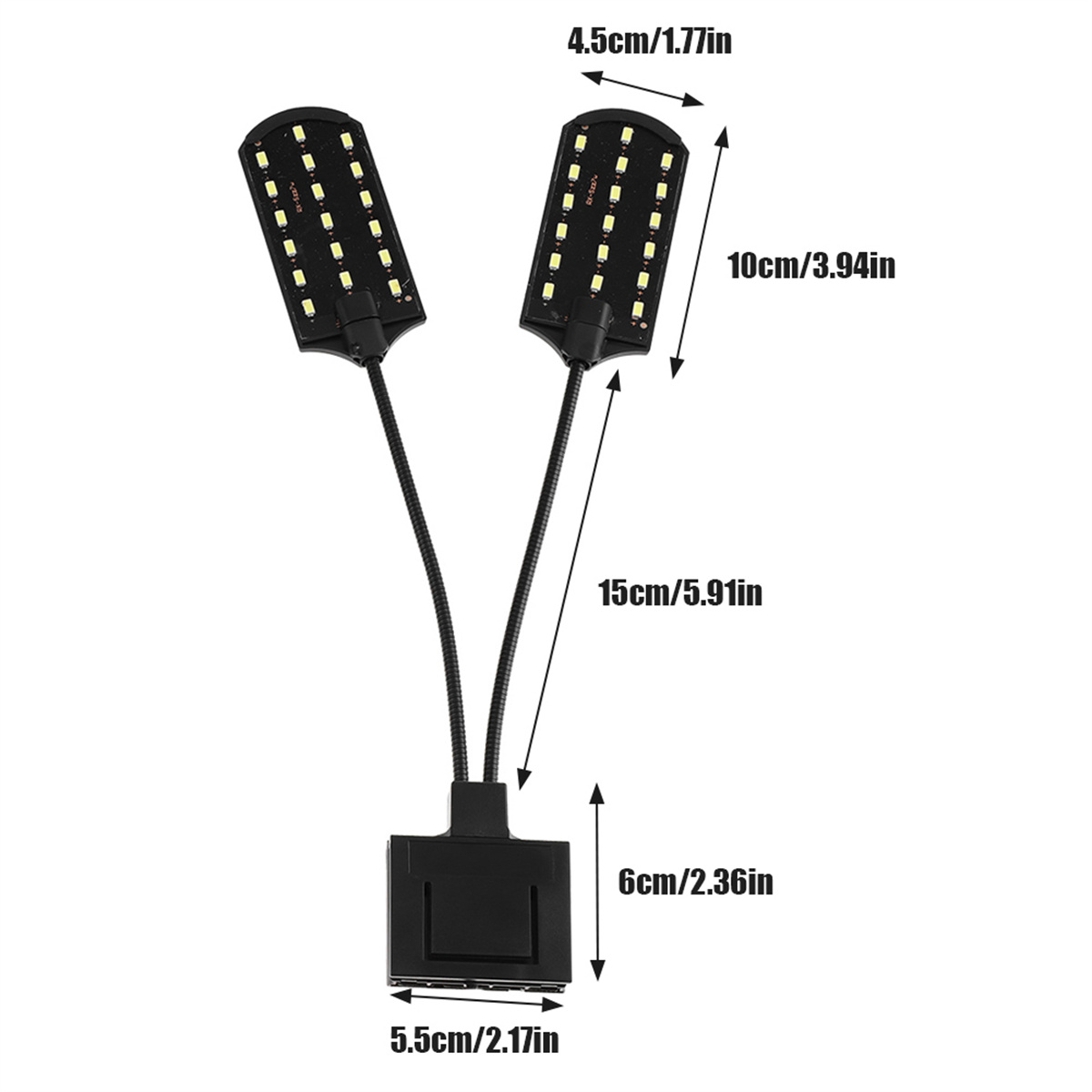 Schwarze LED-Lampe mit zwei Lichtpaneelen, Abmessungen sind in cm und Zoll angegeben.