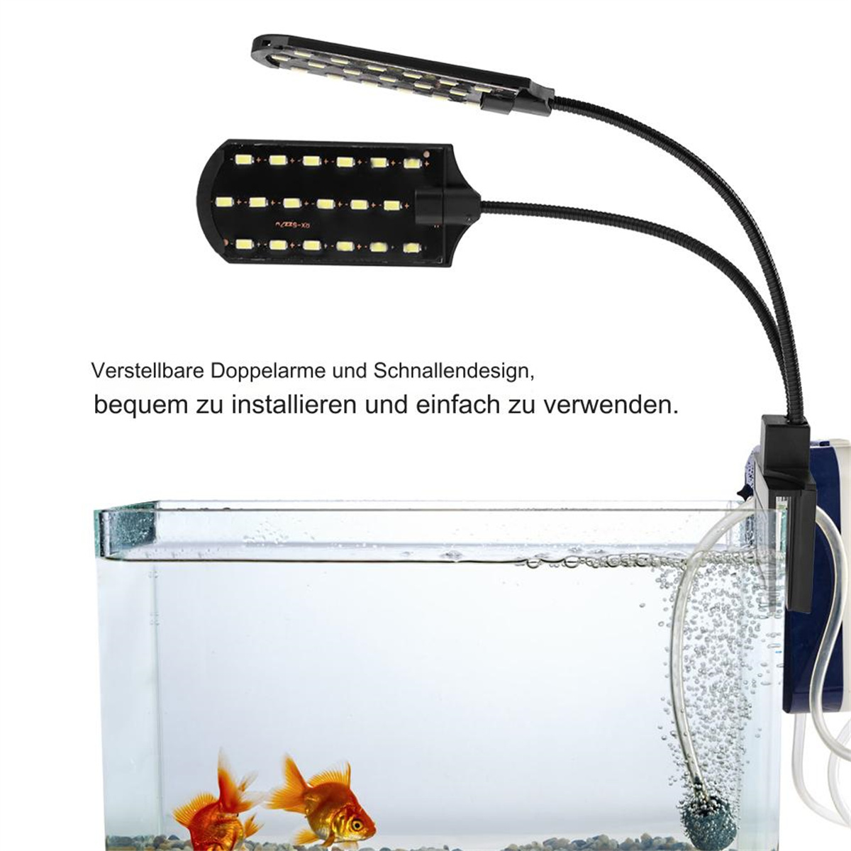 Aquarienlicht mit verstellbaren Armen und ein Tank mit Fischen. Blasen sind sichtbar.