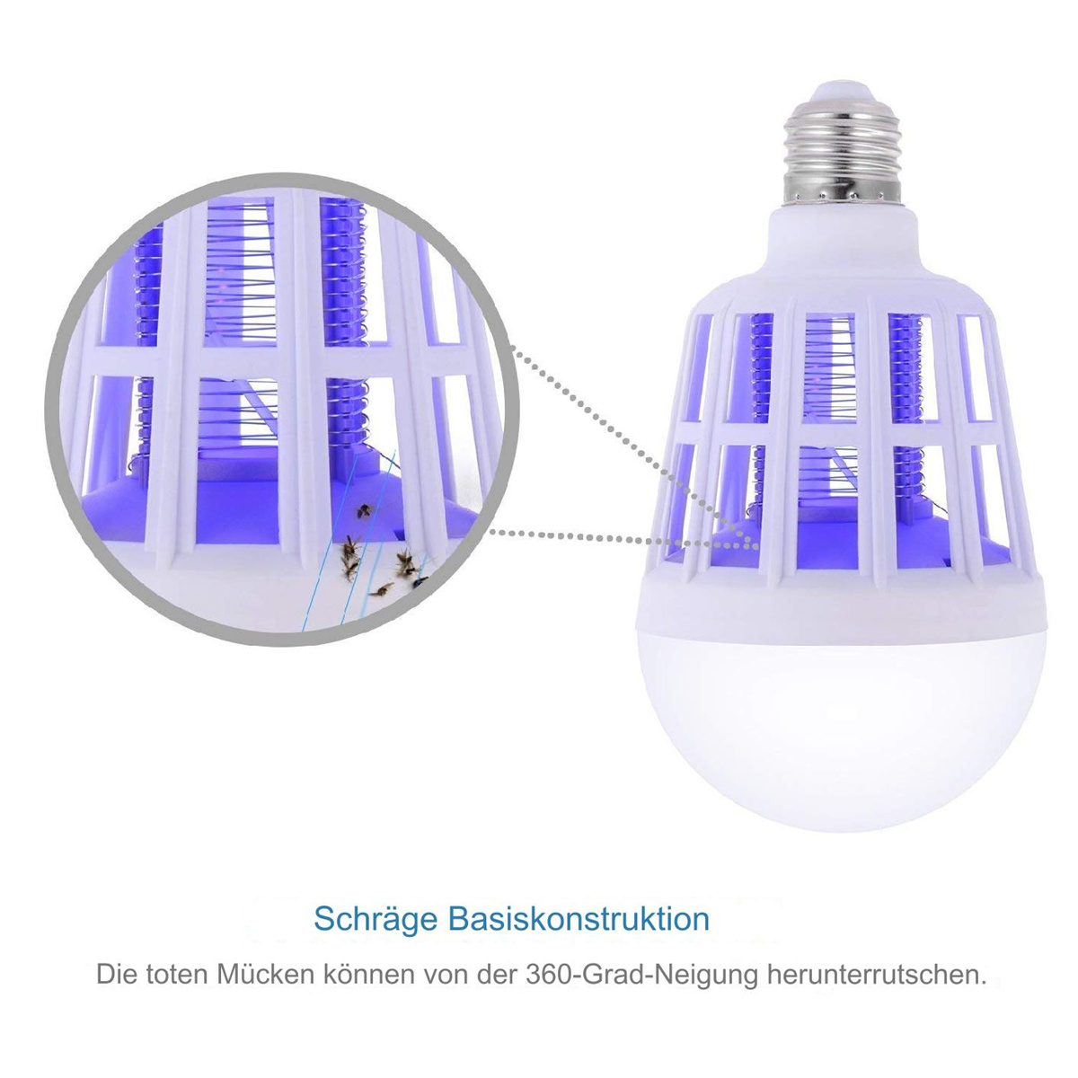 Nahaufnahme einer Mückenvernichter-Lampe mit weißem Körper und violettem Licht im Inneren.