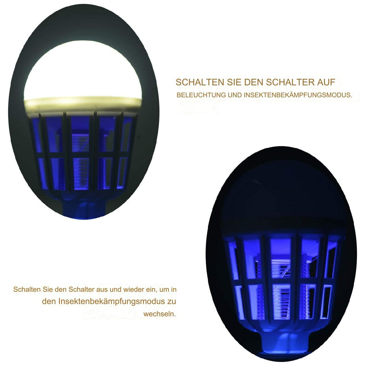 Zwei Bilder einer blauen Insektenvernichterlampe mit hellem weißem Licht und Text.