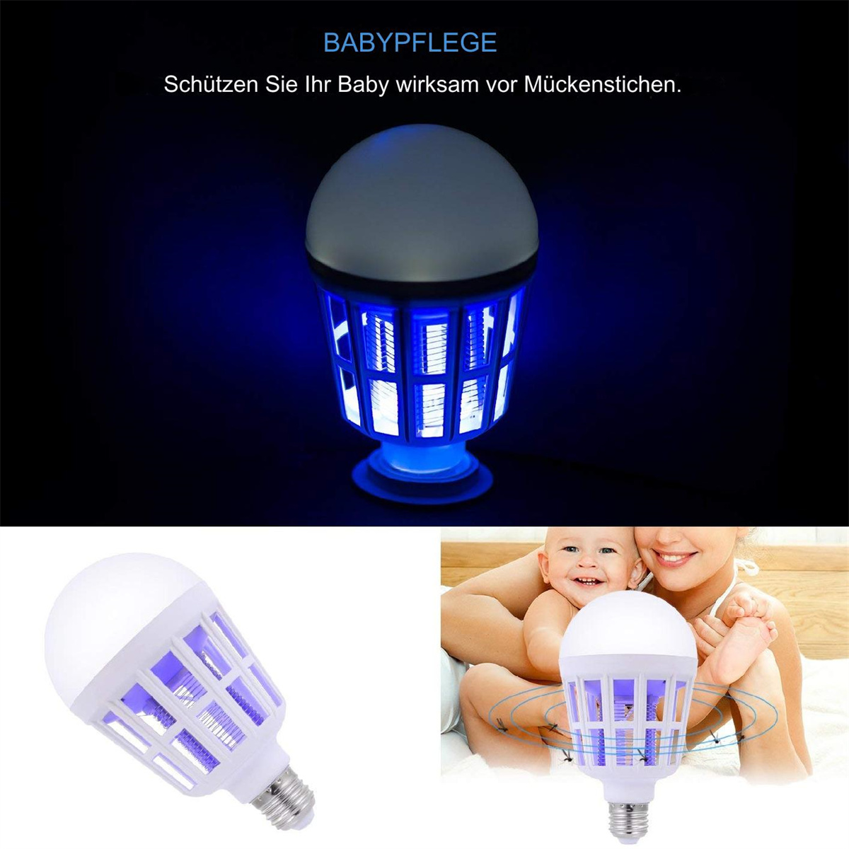 Mückenvernichter-Lampe mit blauem Licht. Bilder von Baby und Mutter enthalten.