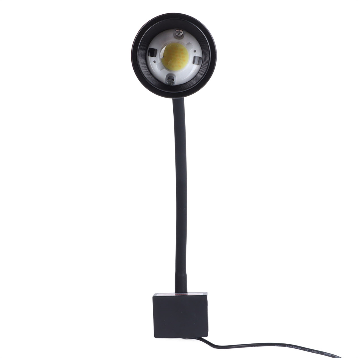 Schwarze Schreibtischlampe mit flexiblem Hals und rundem Licht. Weißer Hintergrund.
