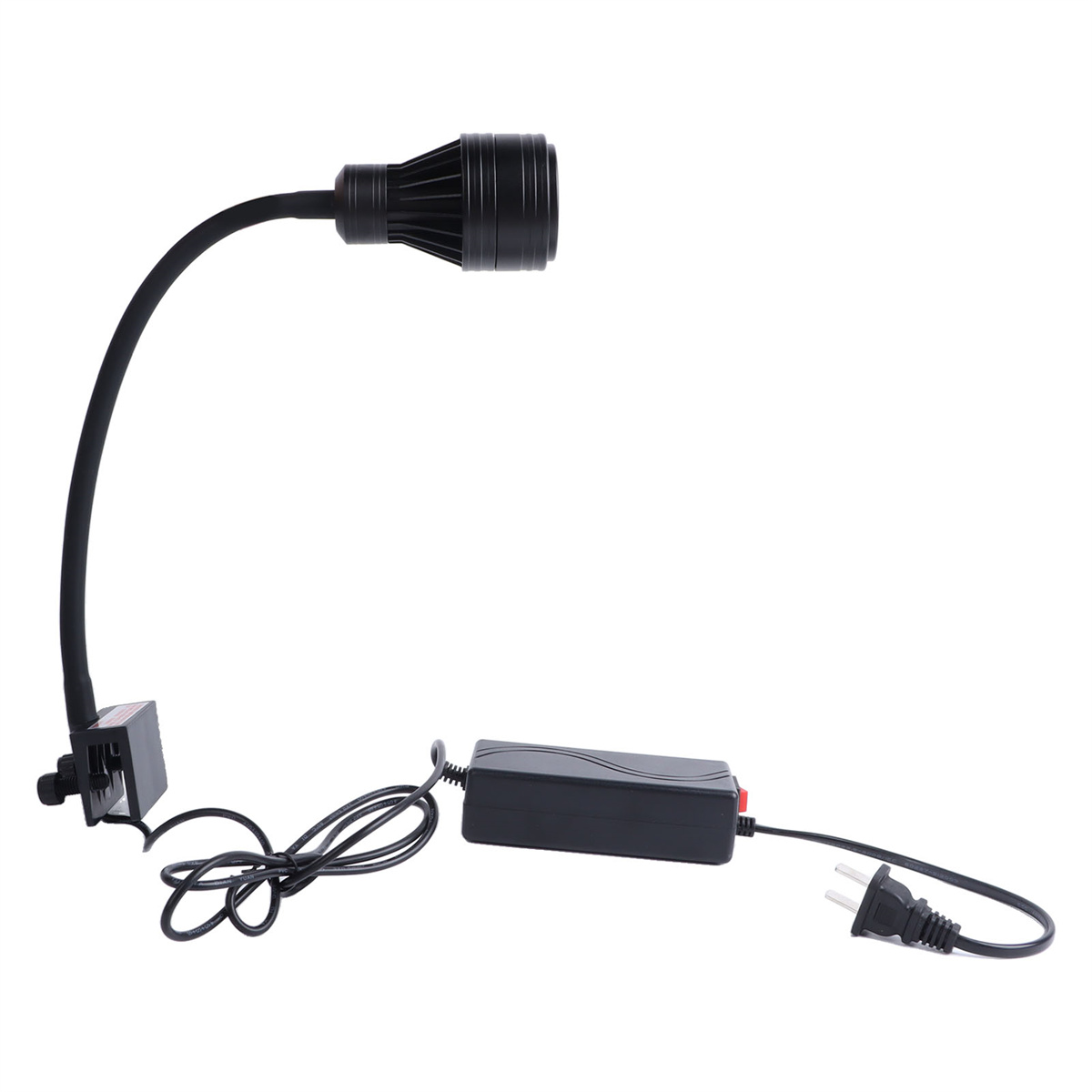 Eine schwarze Schreibtischlampe mit flexiblem Arm, Kabel und Netzteil auf weißem Hintergrund.