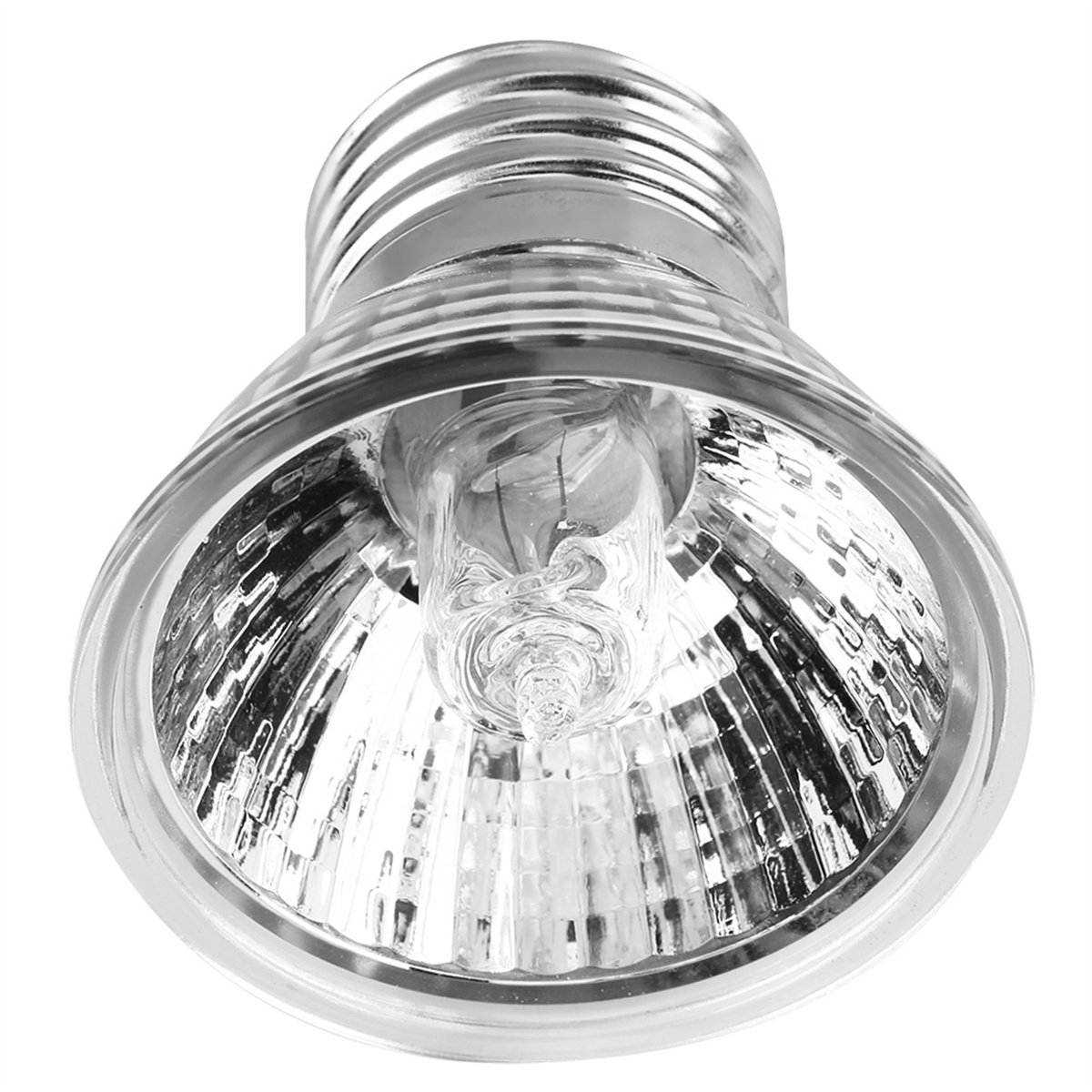 Nahaufnahme einer klaren Halogenlampe mit silbernem Sockel. Das Licht ist sehr hell.