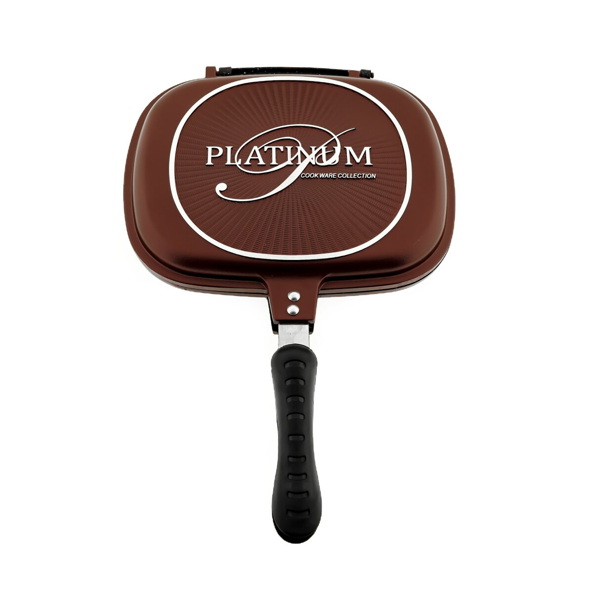 Braune doppelseitige Bratpfanne mit Griff. Platinum Cookware Collection steht auf der Pfanne.