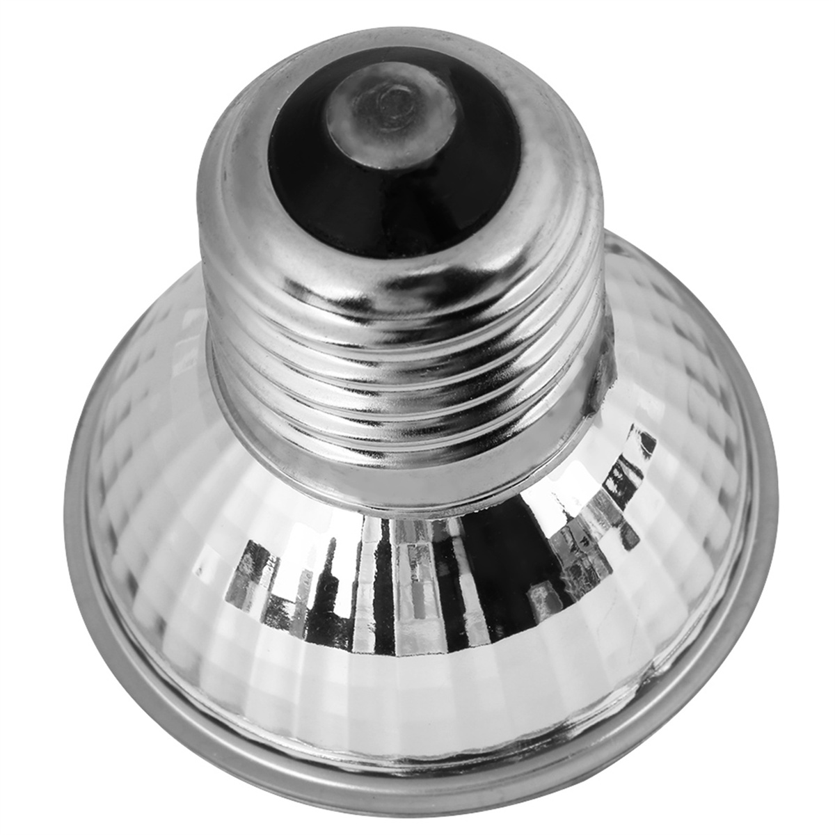 Eine silberne Glühbirne mit schwarzem Deckel.