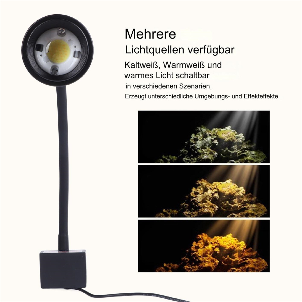 Eine kleine Aquarienleuchte mit schwarzem Sockel und flexiblem Arm.