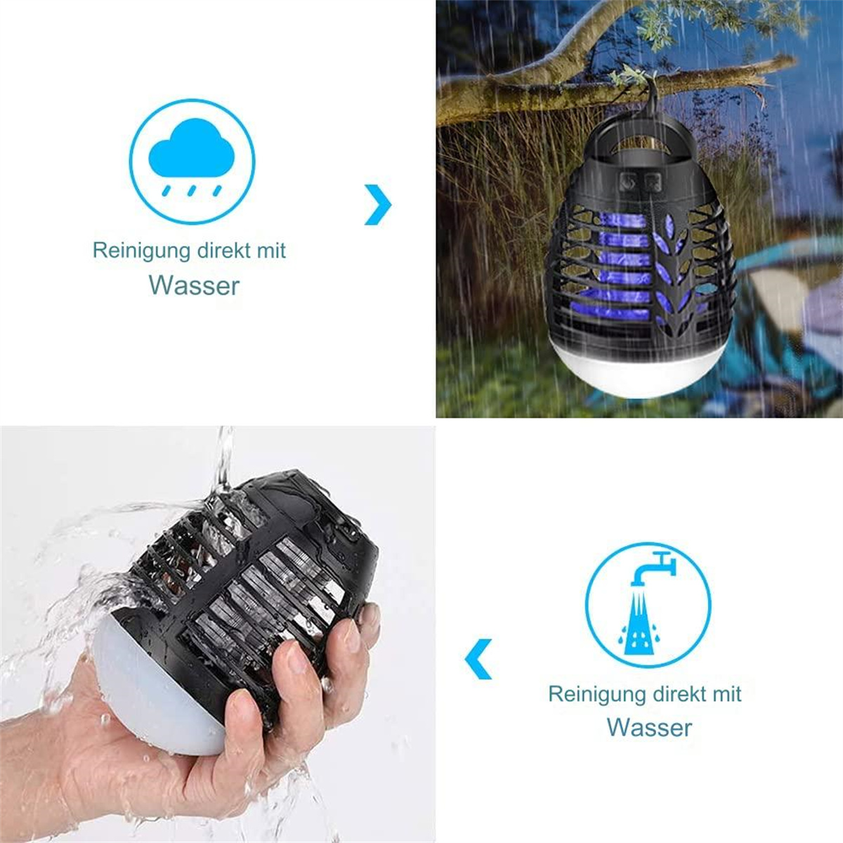 Eine Moskitofalle, die mit Wasser gereinigt wird. Die Falle ist schwarz mit blauen Lichtern.