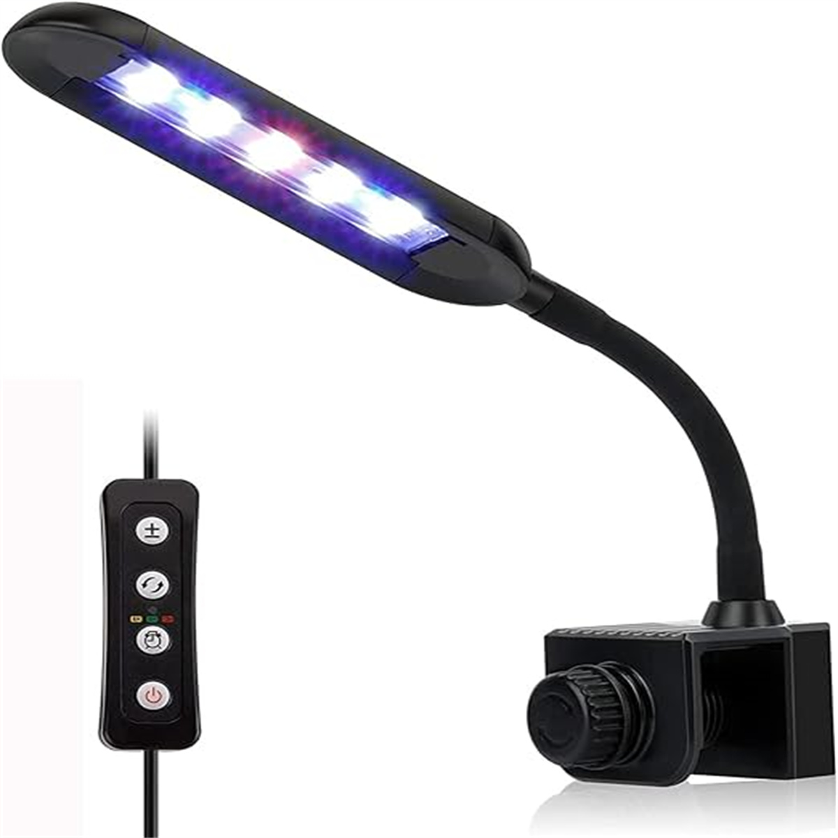 Schwarze, verstellbare LED-Schreibtischlampe mit Bedienfeld, angewinkelt.