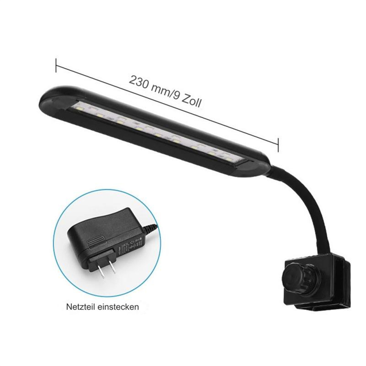 Eine schwarze LED-Schreibtischlampe mit flexiblem Hals und Netzteil. Text auf Deutsch.