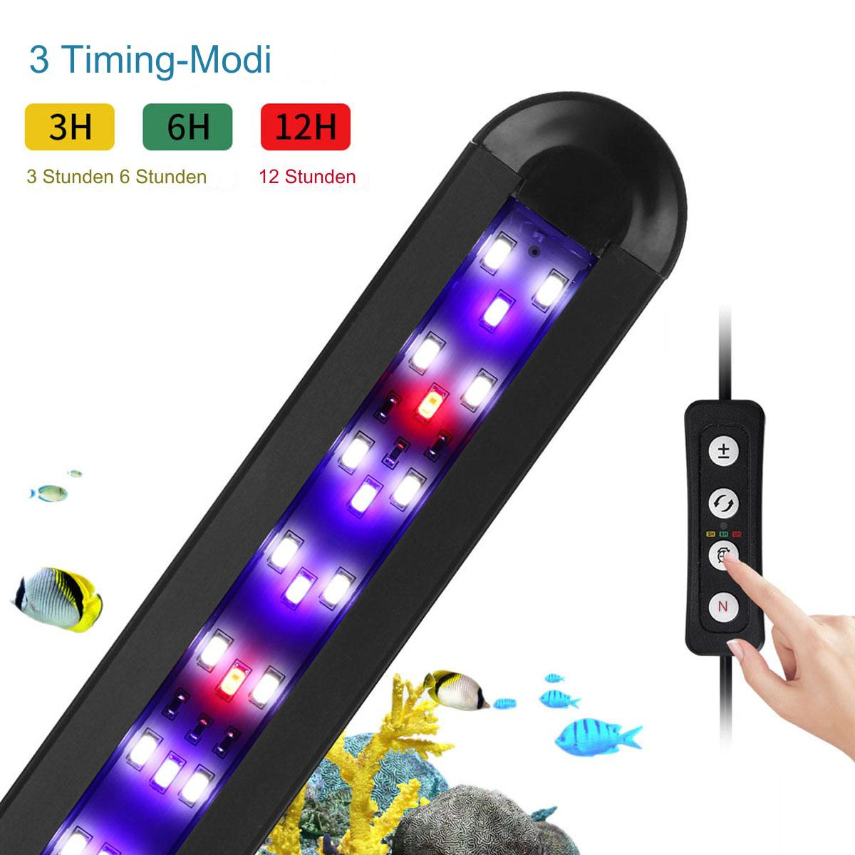 Eine schwarze Aquarienleuchte mit LEDs, einer Fernbedienung und Text, der die Timing-Modi angibt.