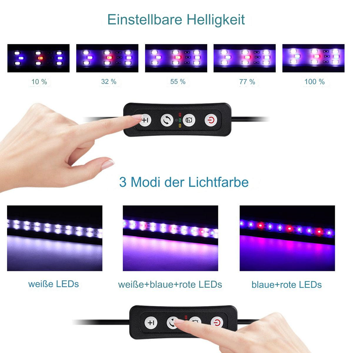 Bild zeigt einstellbare LED-Lichtleisten mit unterschiedlichen Helligkeitsstufen, gesteuert von einer Hand.