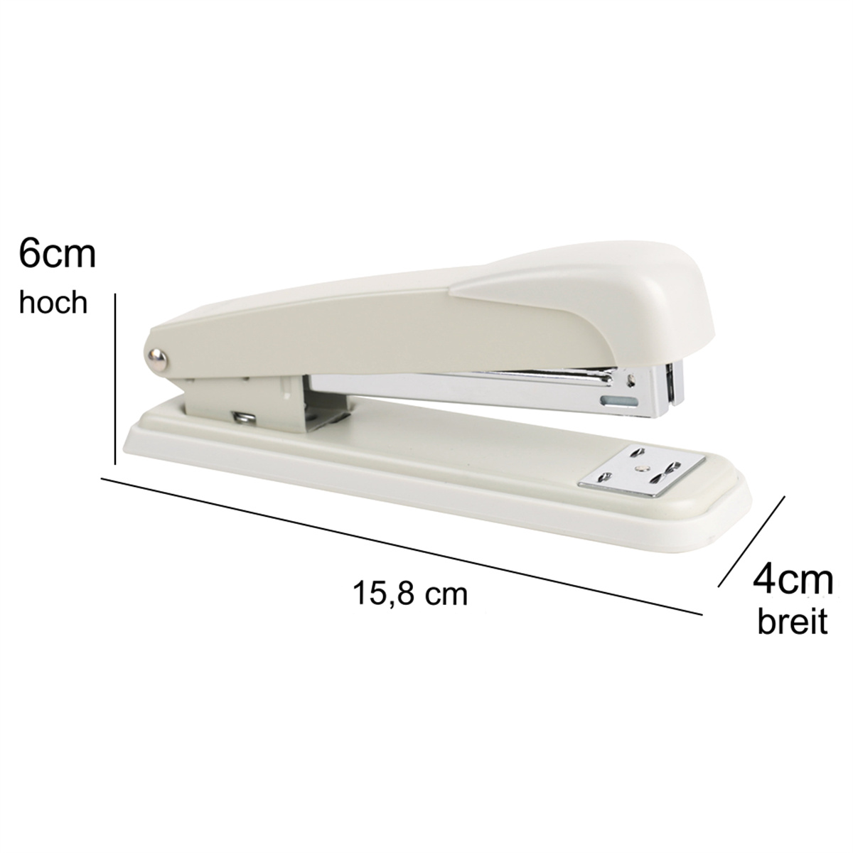Ein weiß-beiger Tacker mit Abmessungen. Er ist 15,8 cm lang, 6 cm hoch und 4 cm breit.