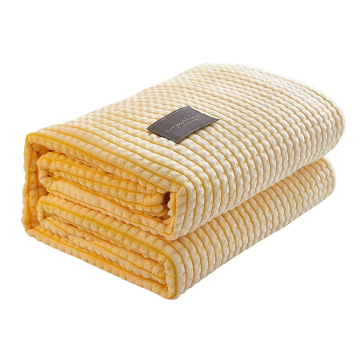 Gefaltete gelbe Decke mit horizontalen Rippen. Ein braunes Etikett liest sich 'everyday'.