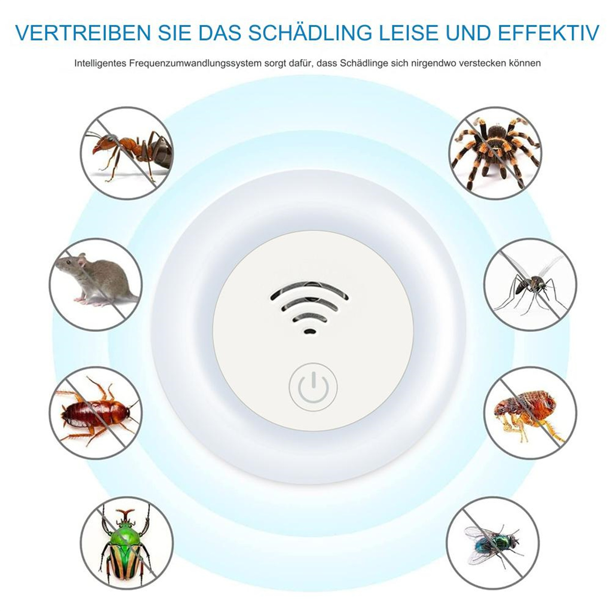 Weißes Schädlingsbekämpfungsgerät mit Bildern verschiedener Schädlinge und einem Ein/Aus-Knopf.