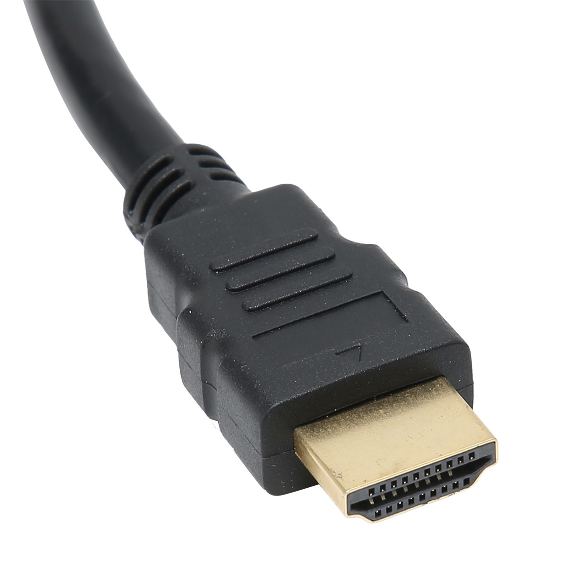 Ein HDMI-Kabel mit schwarzem Kabel und goldenem Stecker. Nahaufnahme des Steckers.