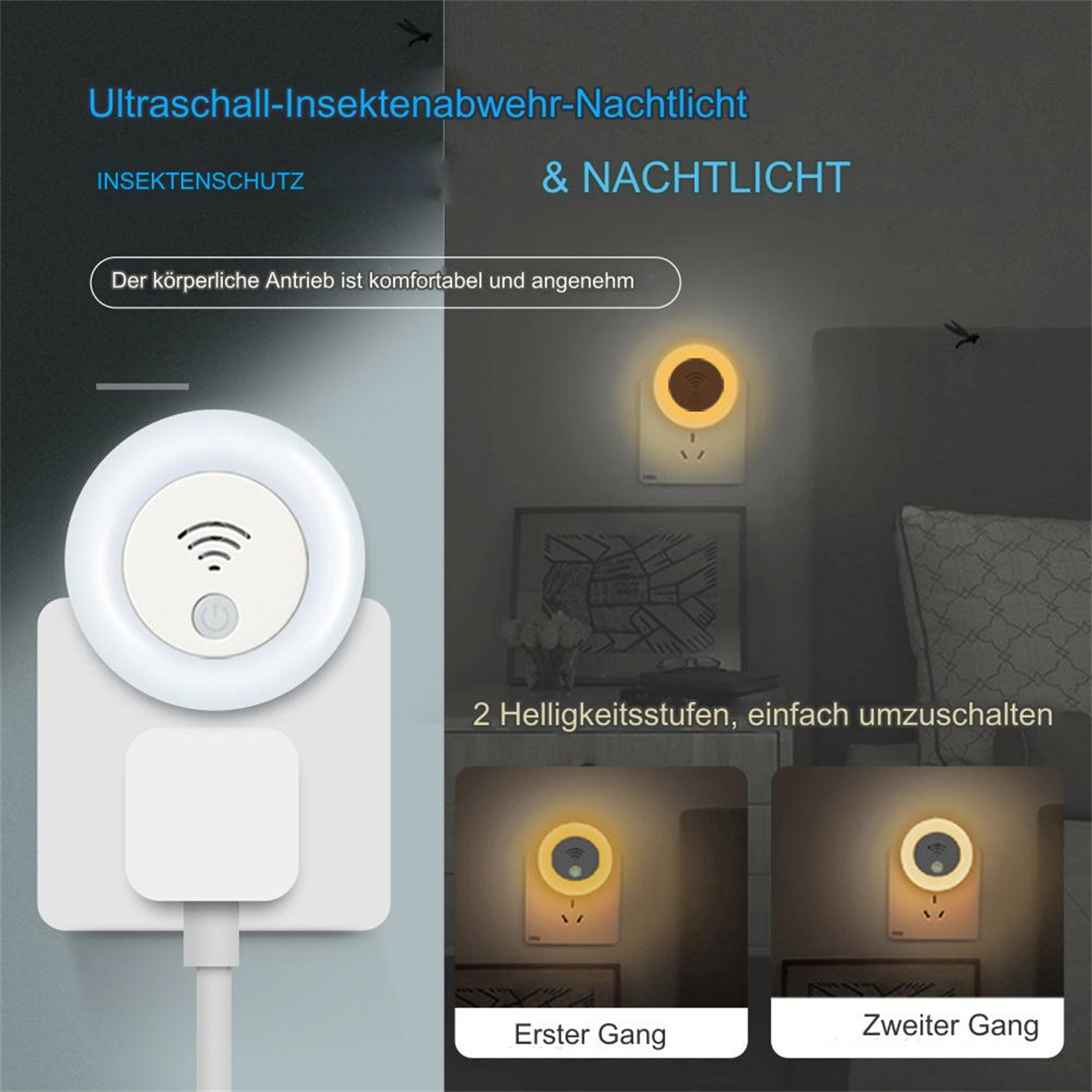 Ein Insektenschutz-Nachtlicht in einer Steckdose, das zwei Helligkeitsstufen zeigt.
