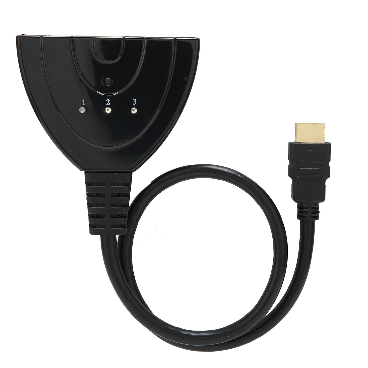 Ein schwarzer HDMI-Splitter mit drei Ausgangsanschlüssen und einem Kabel.