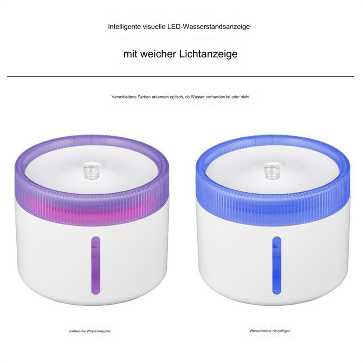 Zwei weiße Haustier-Wasserfontänen mit blauen und lila Lichtringen. Textbezeichnungen enthalten.