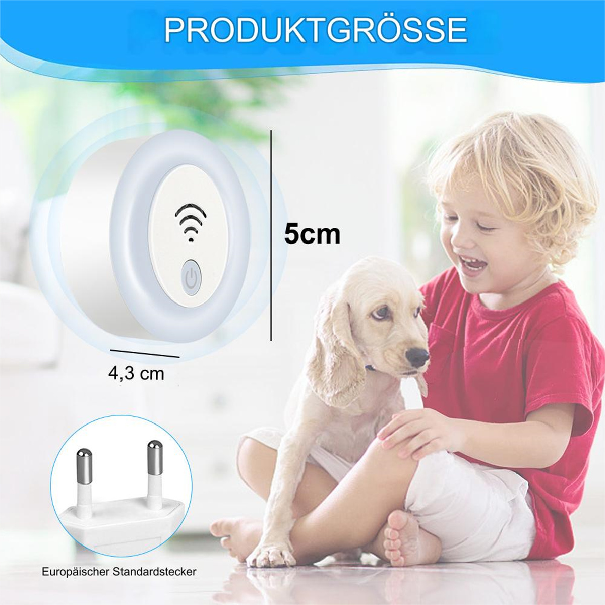 Ein Kind und ein Welpe mit einem kleinen Gerät und einem europäischen Stecker, mit Produktgrößen.