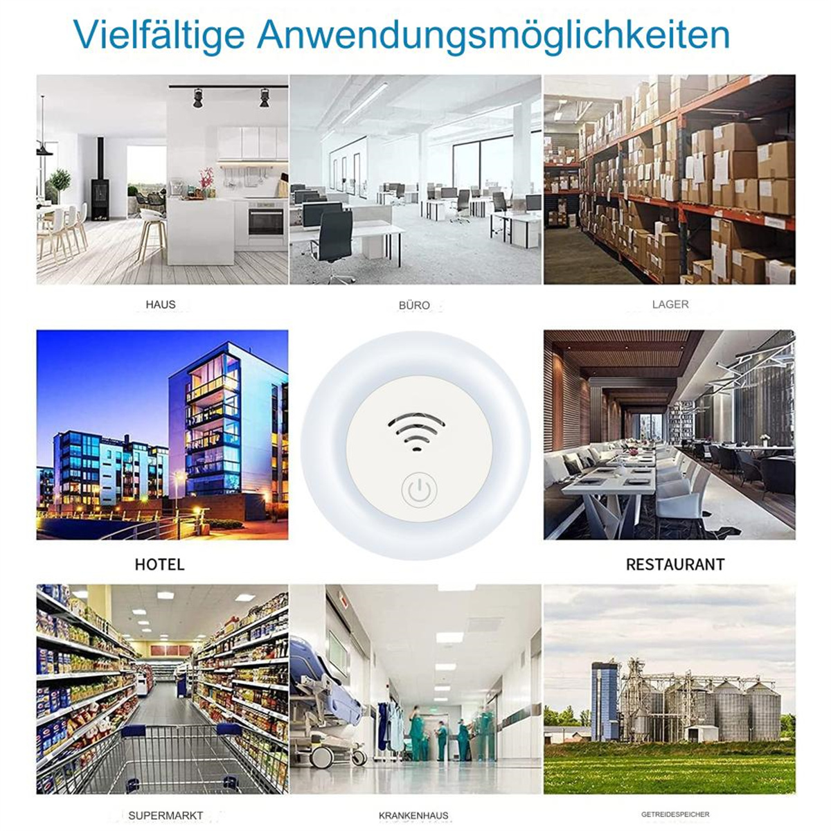 Mehrere Einstellungen mit Symbolen zeigen die Anwendung. Weißer Hintergrund.