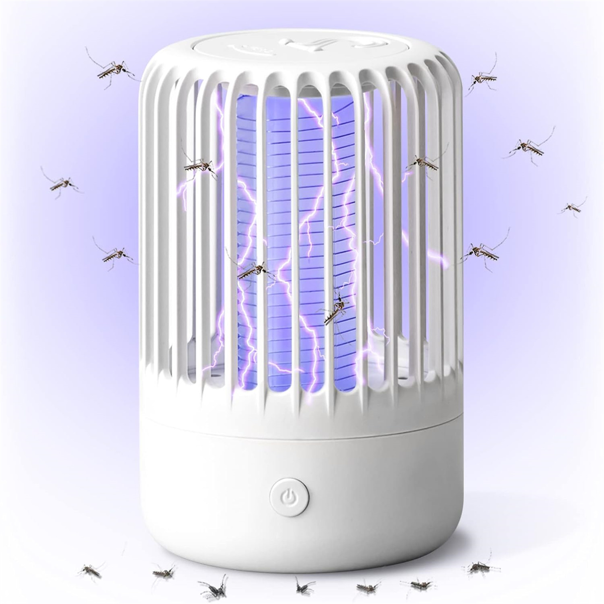 Weiße Mückenfalle mit violettem Licht und vielen Mücken drumherum.