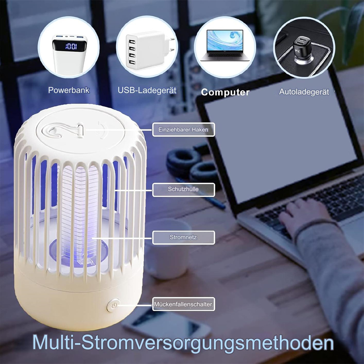 Weißer Insektenvernichter mit Laptop, USB-Ladegerät, Powerbank und Autoladegerät auf einem Schreibtisch.
