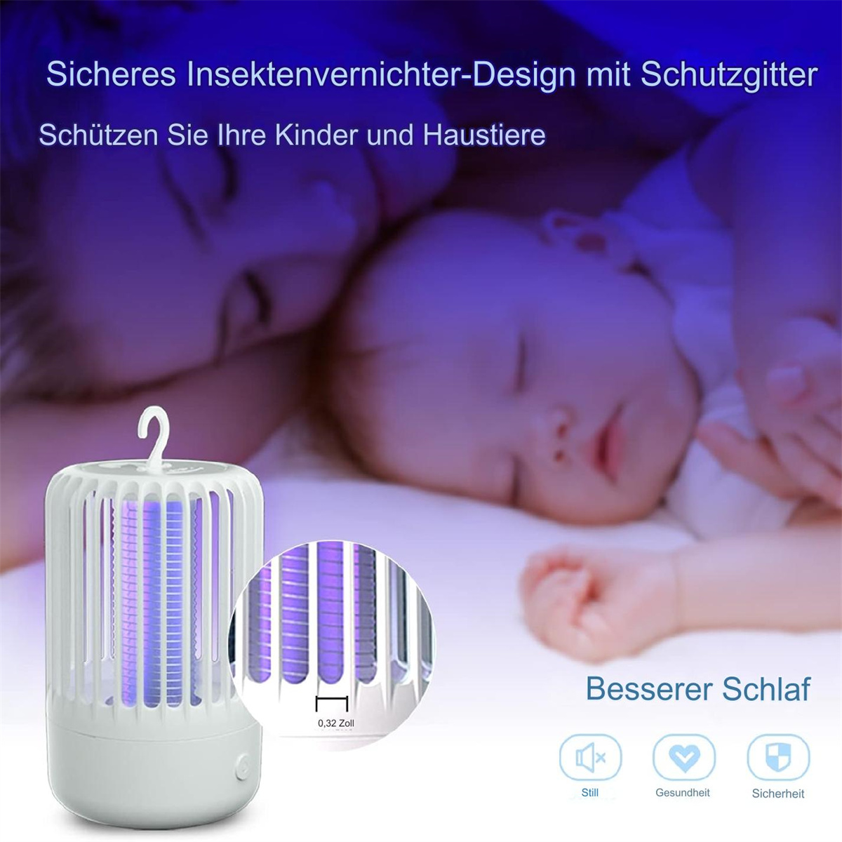 Schlafendes Baby in der Nähe einer Moskitokiller-Lampe, mit Text.
