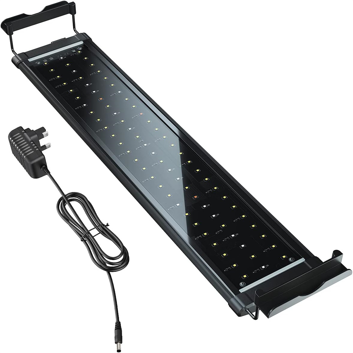 Eine Aquarienlampe mit Netzkabel und Stecker. Sie ist schwarz und rechteckig.