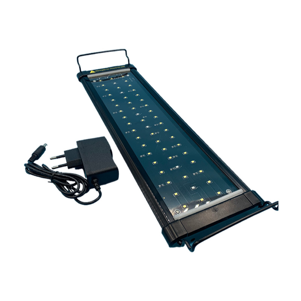Schwarze rechteckige LED-Aquarienbeleuchtung mit Netzteil und Stecker vor weißem Hintergrund.
