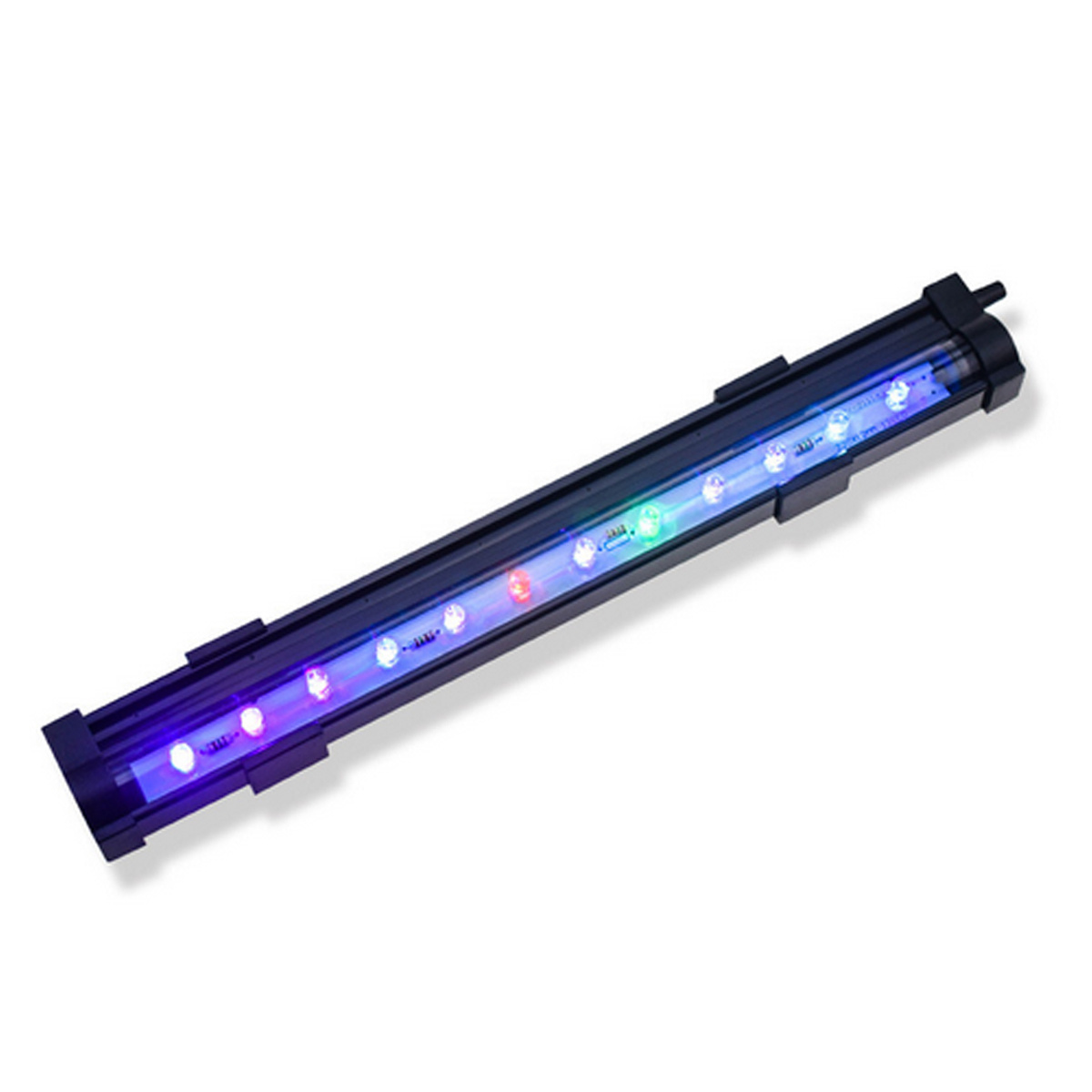 Eine rechteckige LED-Leuchte mit verschiedenen farbigen Lichtern. Es ist schwarz mit blauen, grünen und roten Lichtern.