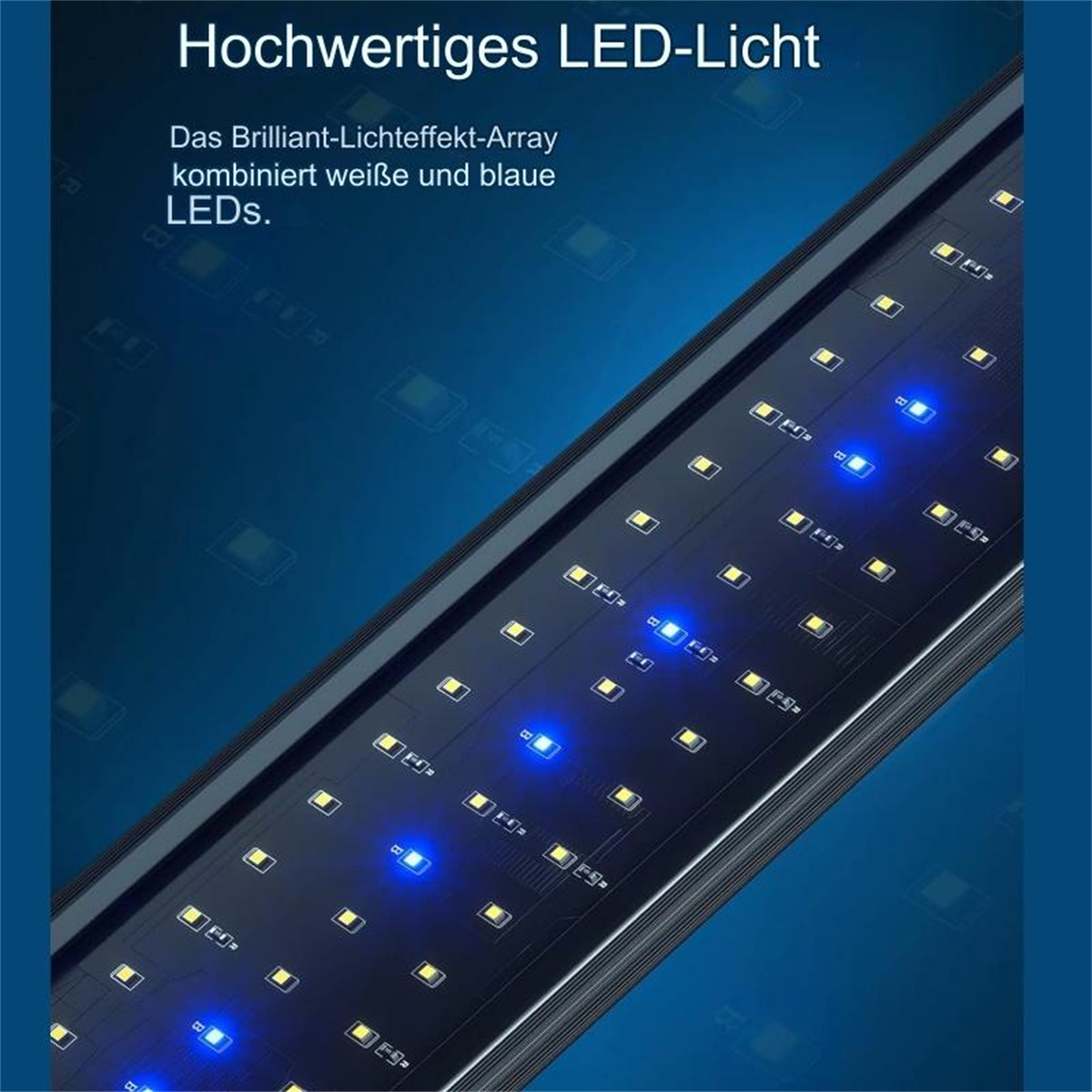 Eine schwarze LED-Leuchte mit blauen Lichtern. Die Lichter sind in einer Reihe. Der Hintergrund ist blau.