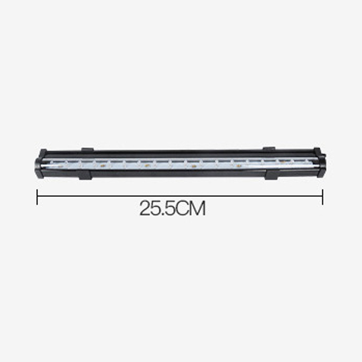 Eine lange, schwarze LED-Leuchtleiste, 25,5 cm lang, auf hellgrauem Hintergrund.