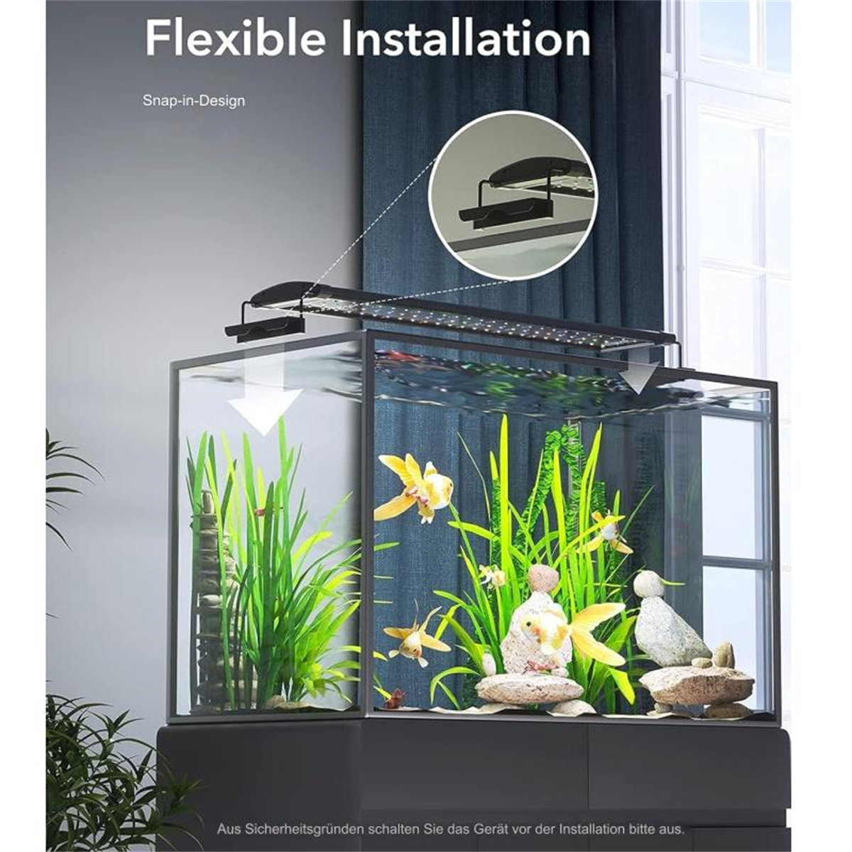 Ein Aquarium mit Fischen und Pflanzen, beleuchtet von einer LED-Leiste darüber.